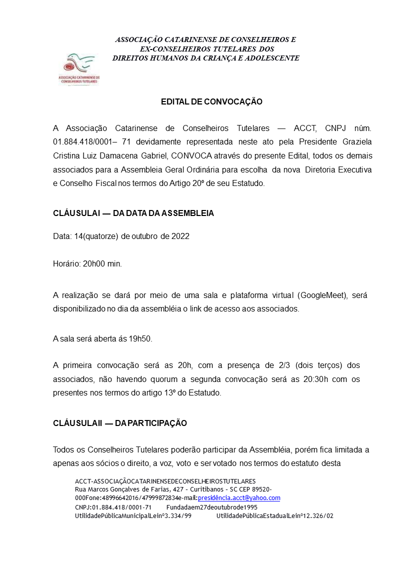 EDITAL DA ASSEMBLEIA ORDINÁRIA DA ASSOCIAÇÃO CATARINENSE DE CONSELHEIROS TUTELARES 